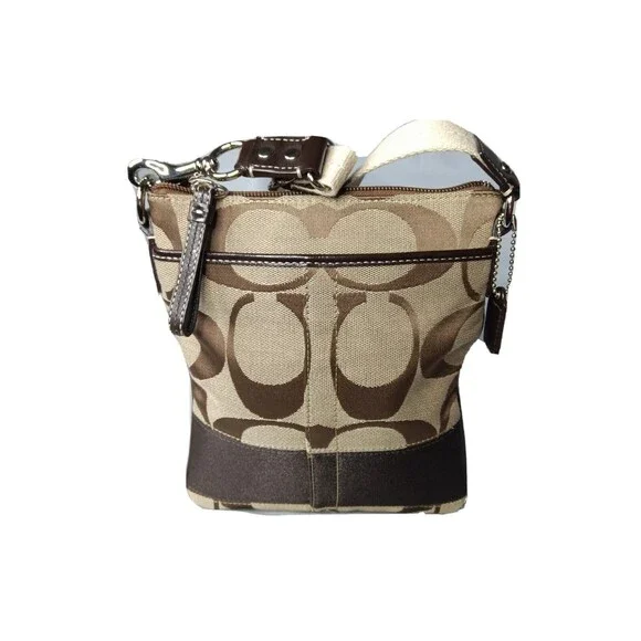 Coach Signature Swingpack Crossbody Khaki Brown Stripe Handbag Purse - Picture 4 of 8